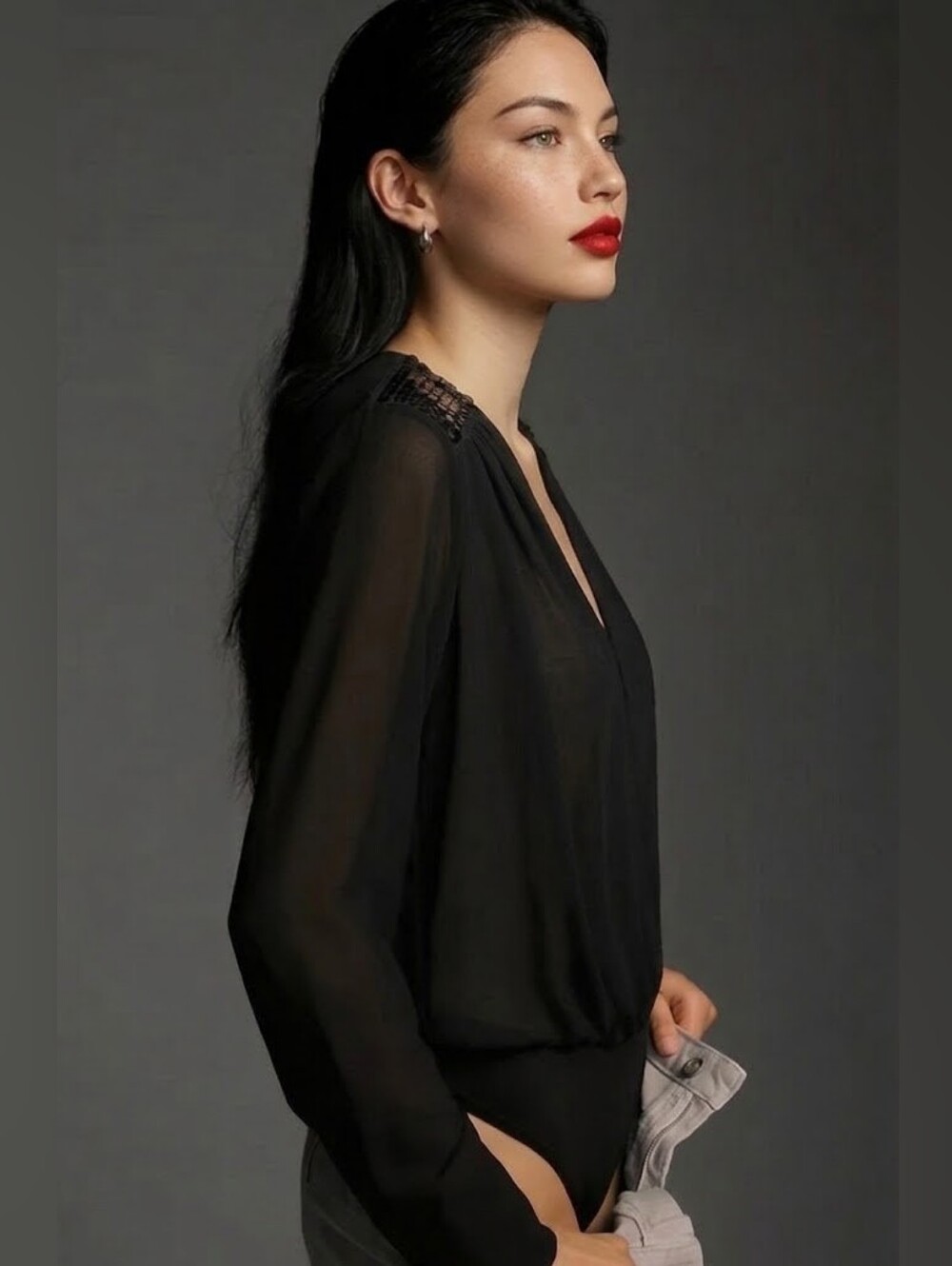 Molly Bracken Black Sheer V-Neck Bodysuit Black Sequined Shoulders
